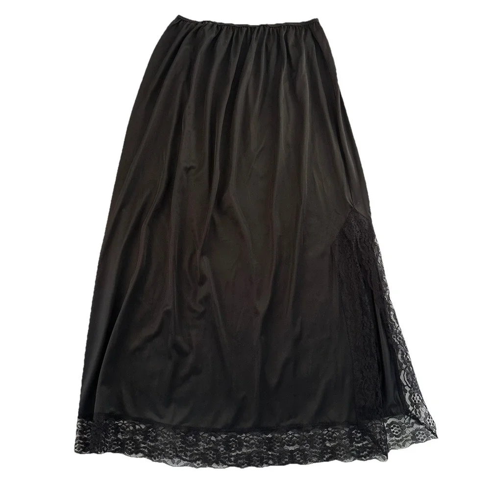 Vintage Black Lace Slit Slip Lingerie‎ Silky Satin Skirt Undergarment